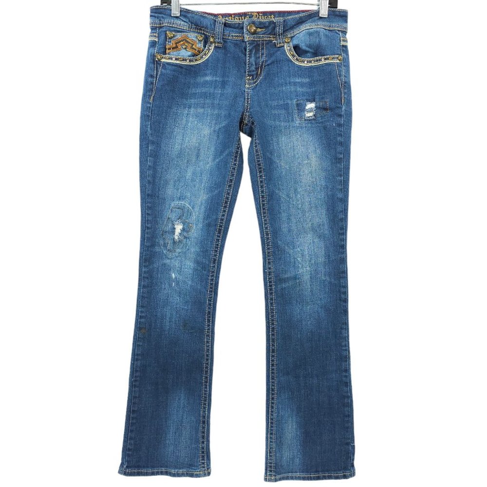 Antique Rivet Jeans BootCut Western Low Rise Sz 29 Rhinestone Stretch Distressed - Picture 2 of 14